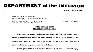 North Amrrican Goose Populations at High Levels August 5, 1970