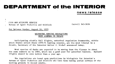 Waterfowl Hunting Regulations Most Liberal in Decade August 16, 1970