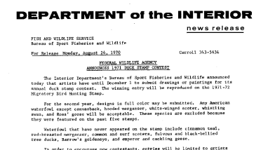 Federal Wildlife Agency Announces 1971 Duck Stamp Contest August 24, 1970