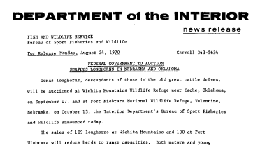 Federal Government to Auction Surplus Longhorns in Nebraska and Oklahoma August 24, 1970