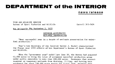 Interior Accelerates Werlands Preservation September 2, 1970