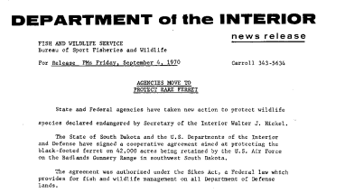 Agencies Move to Protect Rare Ferret September 4, 1970