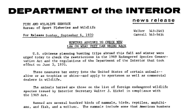 Hunters Advised to Check New Law on What They Can Bring Back September 6, 1970