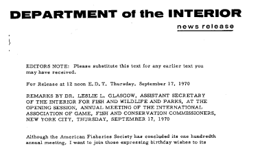 Remarks by Dr. Leslie L. Glascow, at the Annual Meting of the International Asociation of Game, Fish and Conservation Commissioners, New York City--September 17, 1970