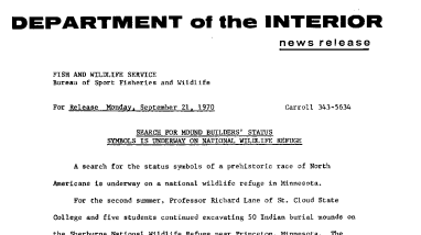 Search for Mound Builders' Status Symbols Is Underway on National Wildlife Refuge September 21, 1970