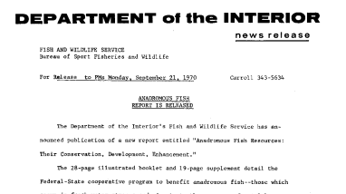 Anadromous Fish Report Is Released September 21, 1970