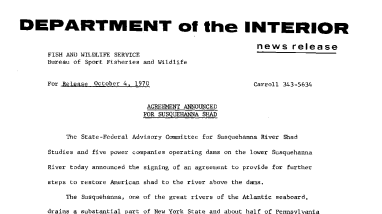 Agreement Announced for Susquehanna Shad October 4, 1970
