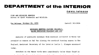 Woodcock Hunting Closure Unlikely; Maine Pesticide Readings Are Low October 25, 1970