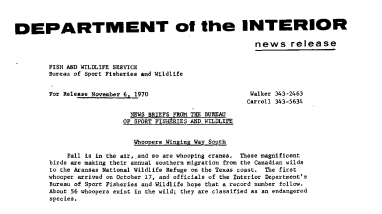 News Briefs From the Bureau of Sport Fisheries and Wildlife November 6, 1970