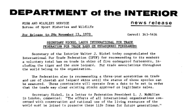 Secretary Hickel Lauds International Fur Trade Federation for Trade Bans on Endangered Furbearers November 13, 1970