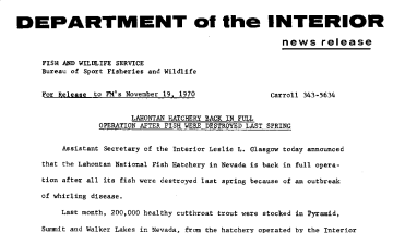 Lahontan Hatchery Back in Full Operation After Fish Were Destroyed Last Spring November 19, 1970