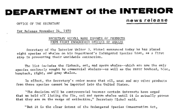 Secretary Hickel Bans Imports of Products From Eight Endangered Species of Whales November 24, 1970