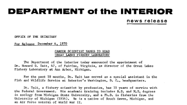 Career Scientist Named to Head Great Lakes Fishery Laboratory December 4, 1970