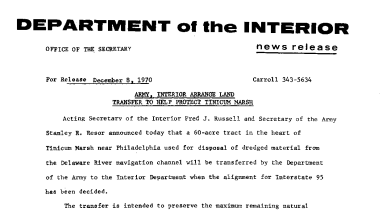 Army, Interior Arrange Land Transfer to Help Protect Tinicum Marsh