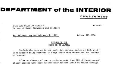 Return of the Musk Ox to Alaska February 7, 1971