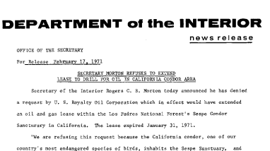 Secretary Morton Refuses to Extend Lease to Drill for Oil in California Condor Area February 17, 1971