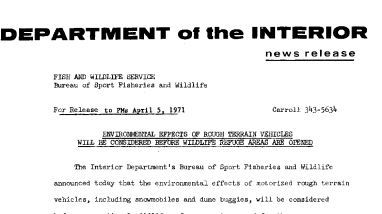 Environmental Effects of Rough Terrain Vehicles Will Be Considered Before Wiidllfe Refuge Areas Are Opened April 5, 1971