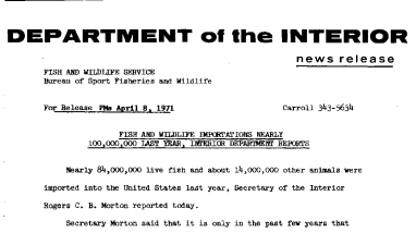 Fish and Wildlife Importations Nearly 100,000,000 Last Year, Interior Department Reports April 8, 1871