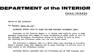 Secretary Morton Steps up Plans for More National Wilderness Areas April 28, 1971