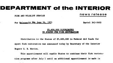$5,600,000 Distributed to States for Fish Restoration June 4, 1971
