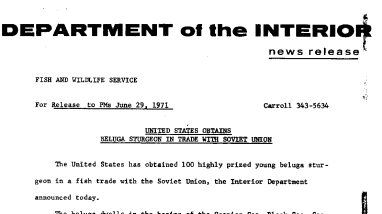 United States Obtains Beluga Sturgeon in Trade With Soviet Union June 29, 1971