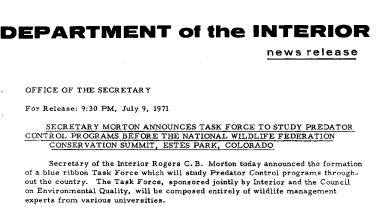 Secretary Morton Announces Task Force to Study Predator Control Programs Before the National Wildlife Federation Conservation Summit, Estes Park, Colorado July 9, 1971
