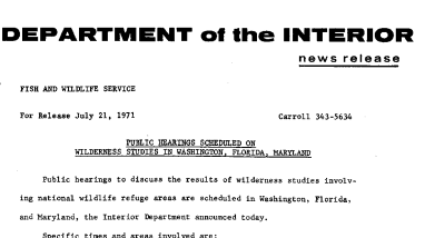 Public Hearings Scheduled on Wilderness Studies in Washington, Florida, Maryland July 21, 1971