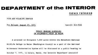 Public Hearing Scheduled on Wilderness Study in Maine August 27, 1971