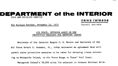 Air Force, Interior Agree on New Protective Measures for Whooping Cranes November 23, 1971