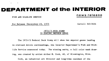 1972-73 Duck Stamp to Feature Emperor Geese December 23, 1971