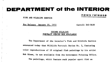 Second Wildlife Portrait Series Now Available January 30, 1972