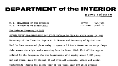 Second Interior-Agriculture YCC Pilot Program to Open 95 Youth Camps in June February 16, 1972