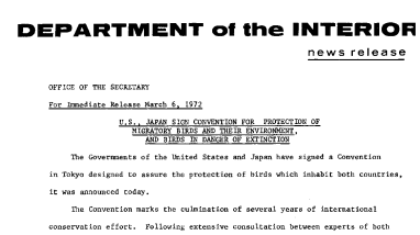 U.S., Japan Sign Convention for Protection of Migratory Birds and Their Environment, and Birds in Danger of Extinction March 6, 1972