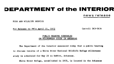 Public Hearing Scheduled on Wilderness Study in Arkansas April 21, 1972