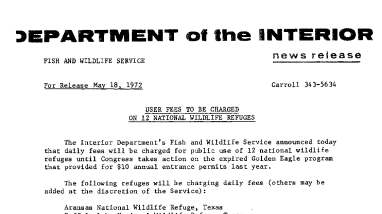 User Fees to Be Charged on 12 National Wildlife Refuges May 18, 1972