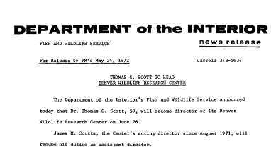 Thomas G. Scott to Head Denver Wildlife Research Center May 24, 1972