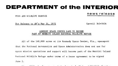Kennedy Space Center Land to Become Part of Merritt Island National Wildlife Refuge May 31, 1972