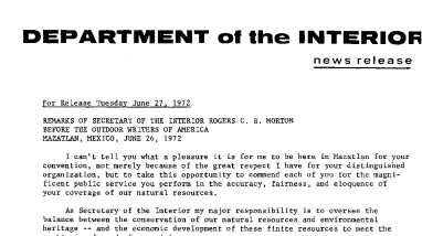 Remarks of Secretary of the Interior Rogers C.B. Morton Before the Outdoor Writers of America Mazatlan, Mexico--June 27, 1972-