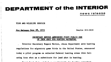 Secretary Morton Announces First Public Use of Iron Shot for Hunting Waterfowl June 28, 1972