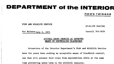 Avitrol Shows Promise as Improved Means of Controlling Blackbirds July 2, 1972