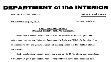 Survey Indicates Another Favorable Nesting Year for Waterfowl July 6, 1972