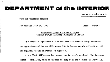 Willoughby Named Fish and Wildlife Service Deputy Regional Director in Denver July 20, 1972