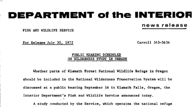 Public Hearing Scheduled on Wilderness Study in Oregon July 30, 1972