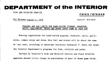 Seasons and Bag Limits for Band-Tailed Pigeons, Woodcock, Rails, Gallinules, Snipe and Doves About Same as Year Ago August 2, 1972