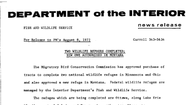 Two Wildlife Refuges Completed; New One Authorized in Montana August 8, 1972