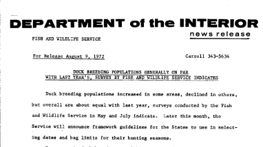 Duck Breeding Populations Generally on Par With Last Year's, Survey by Fish and Wildlife Service Indicates August 9, 1972