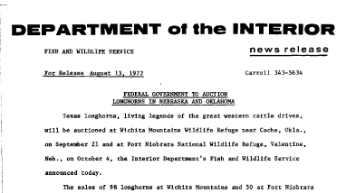 Federal Government to Auction Longhorns in Nebraska and Oklahoma August 13, 1972