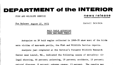 Bald Eagle Autopsies Show Man-Made Perils August 27, 1972