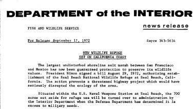 New Wildlife Refuge Set on California Coast September 17, 1972