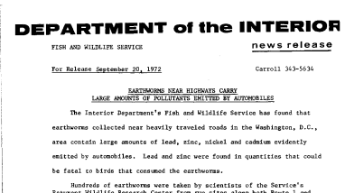 Earthworms Near Highways Carry Large Amounts of Pollutants Emitted by Automobiles September 20, 1972